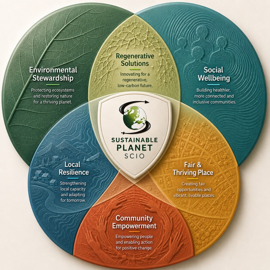 Sustainable Planet's guiding themes arranged around our logo.